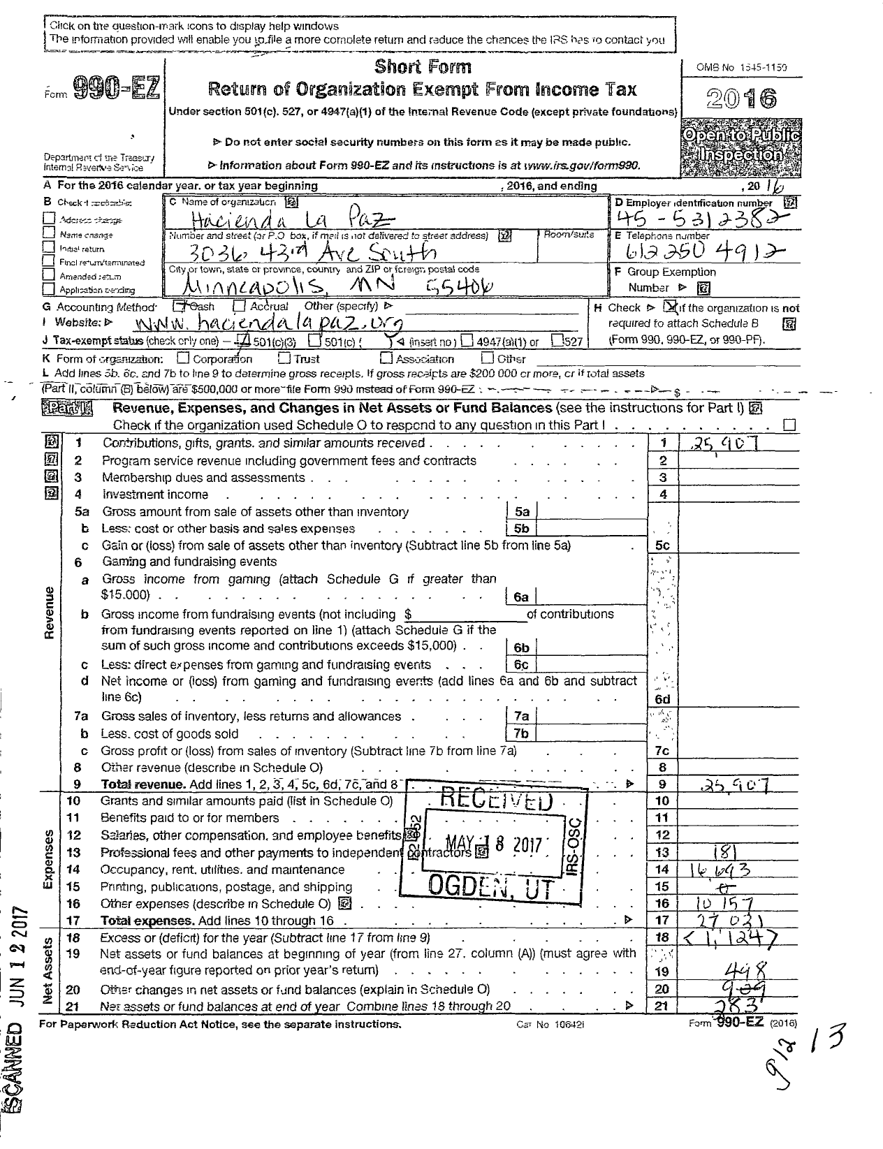 Image of first page of 2016 Form 990EZ for Hacienda La Paz