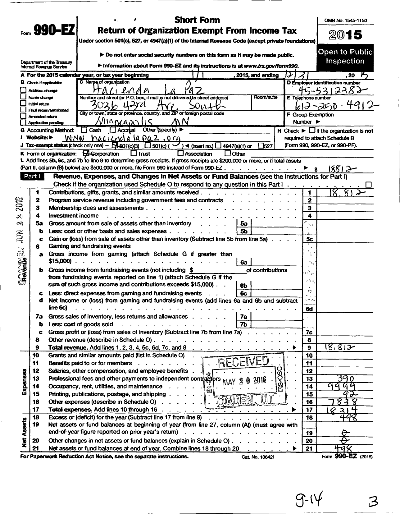 Image of first page of 2015 Form 990EZ for Hacienda La Paz