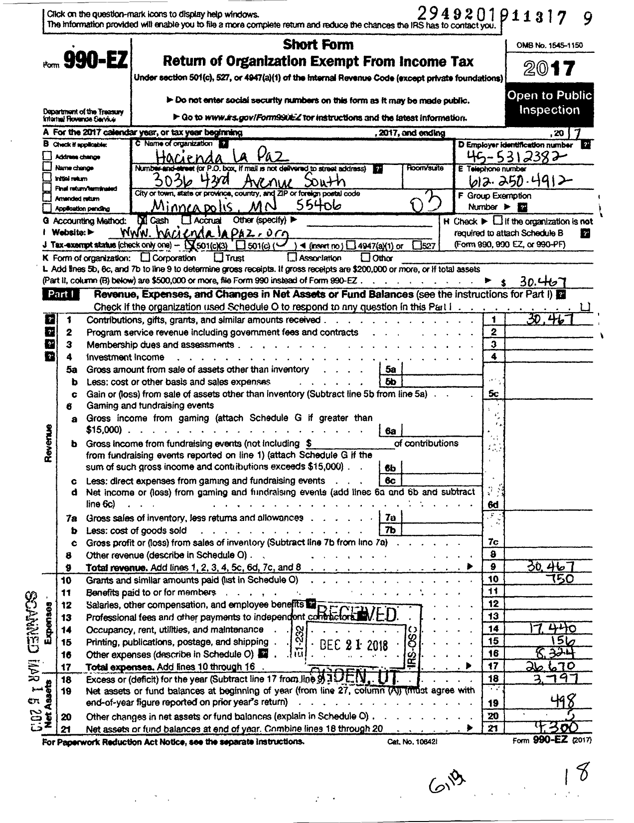 Image of first page of 2017 Form 990EZ for Hacienda La Paz