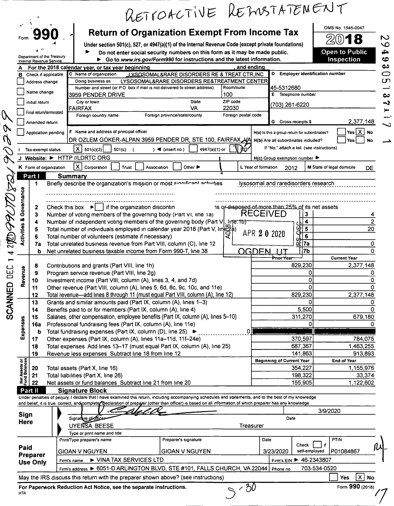 Image of first page of 2018 Form 990 for Lysosomal and Rare Disorders Research and Treatment Center