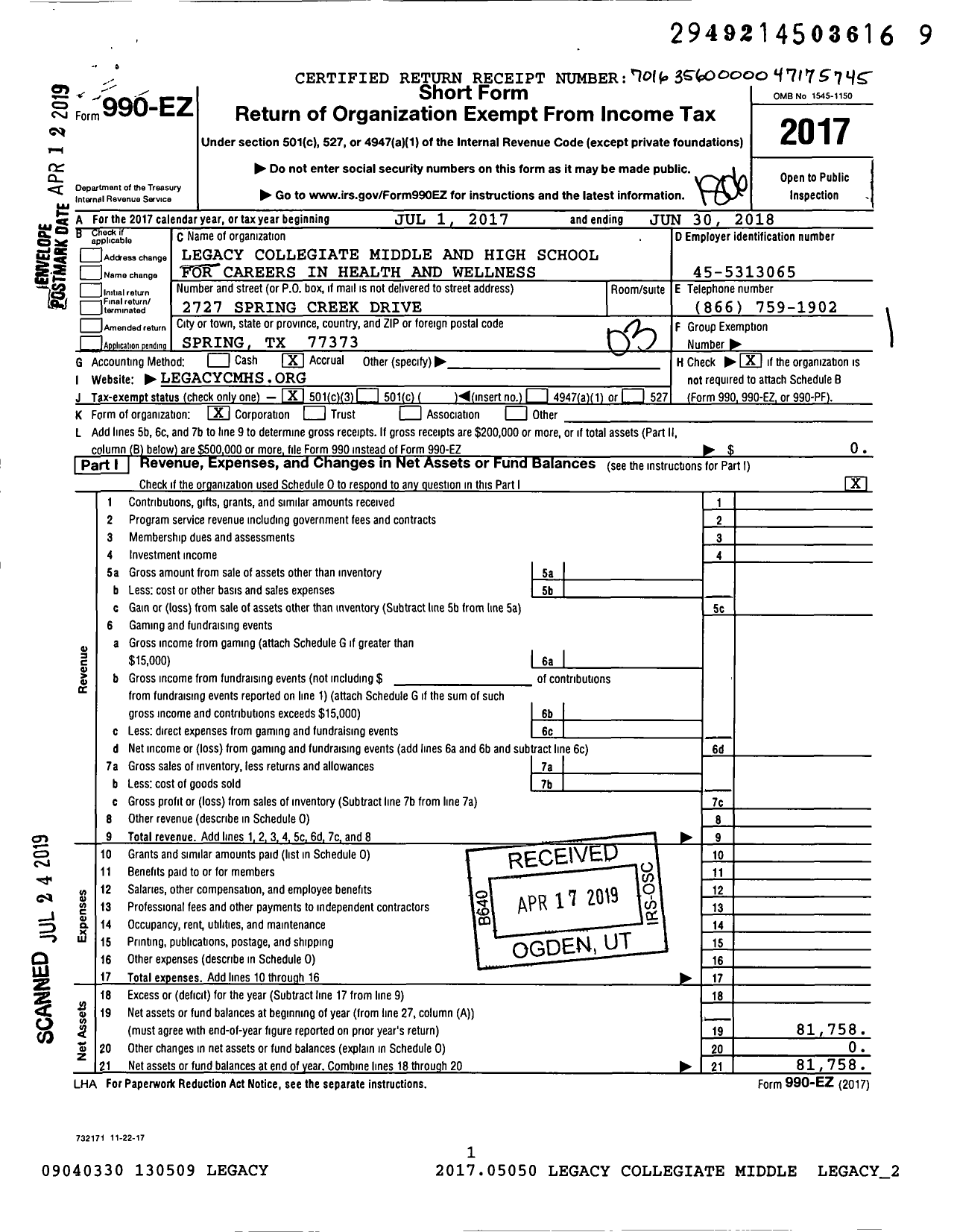 Image of first page of 2017 Form 990EZ for Legacy Collegiate Middle and High School for Careers in Health and Wellness