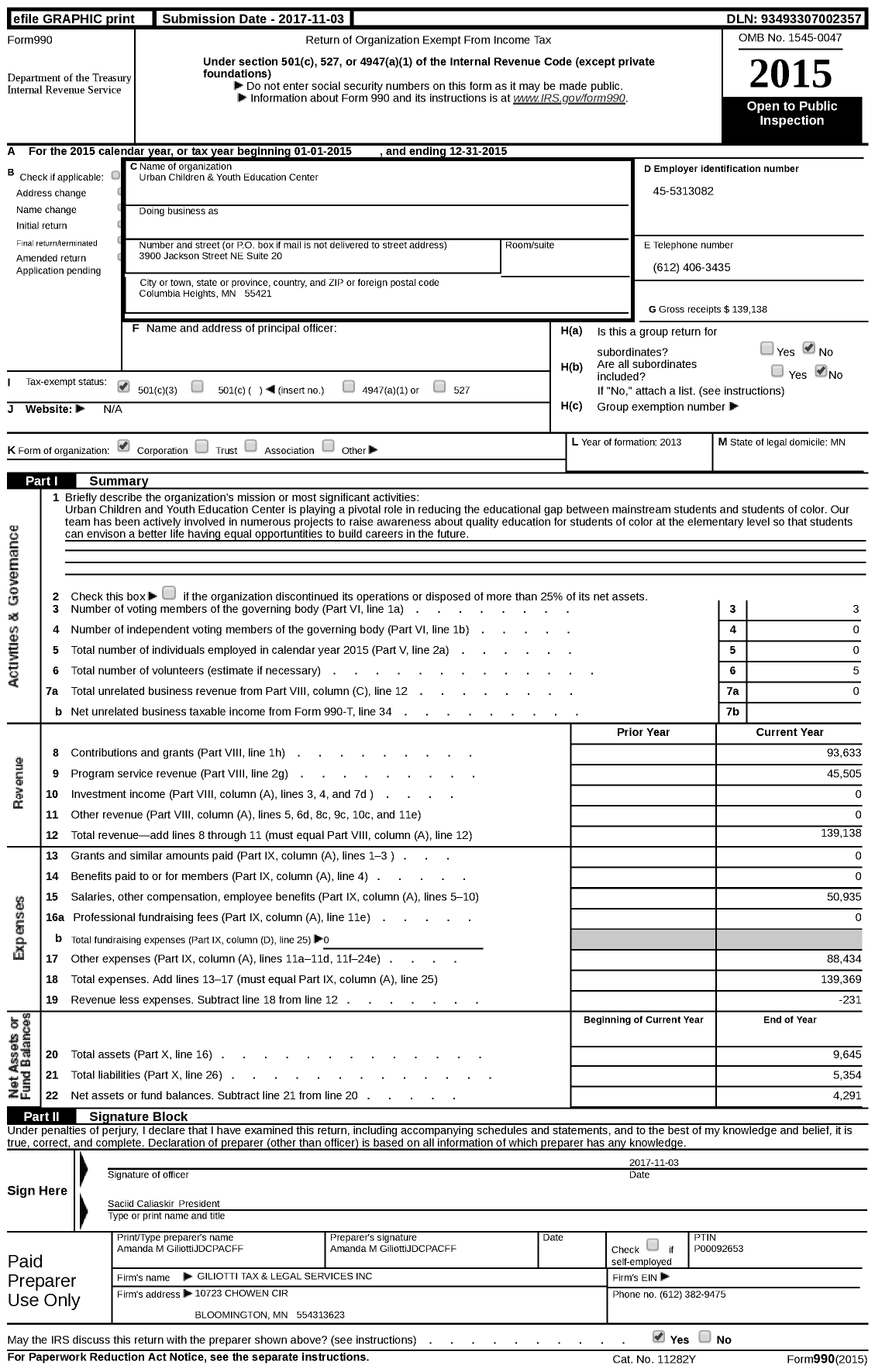 Image of first page of 2015 Form 990 for Urban Children & Youth Education Center (UCYEC)