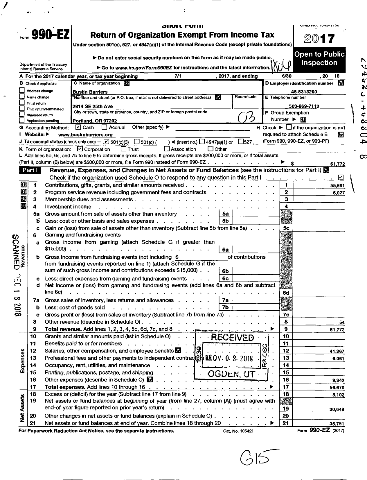 Image of first page of 2017 Form 990EZ for Bustin Barriers