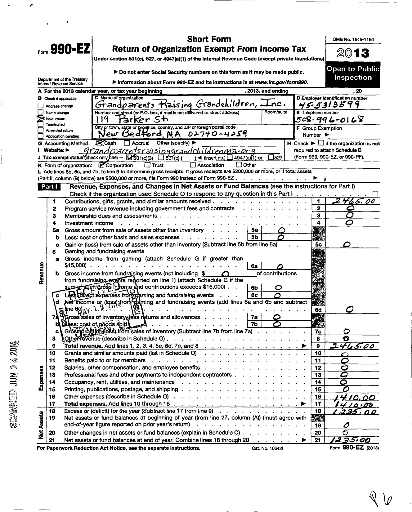 Image of first page of 2013 Form 990EZ for Grandparents Raising Grandchildren