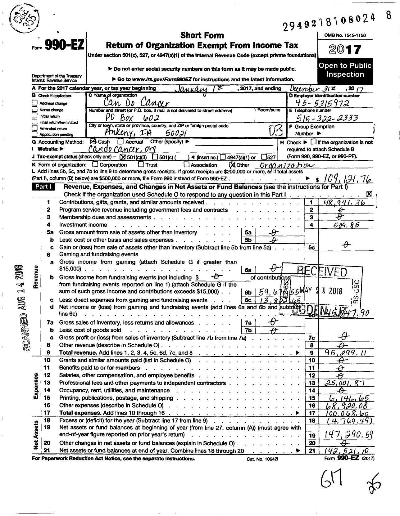 Image of first page of 2017 Form 990EZ for Cando Cancer