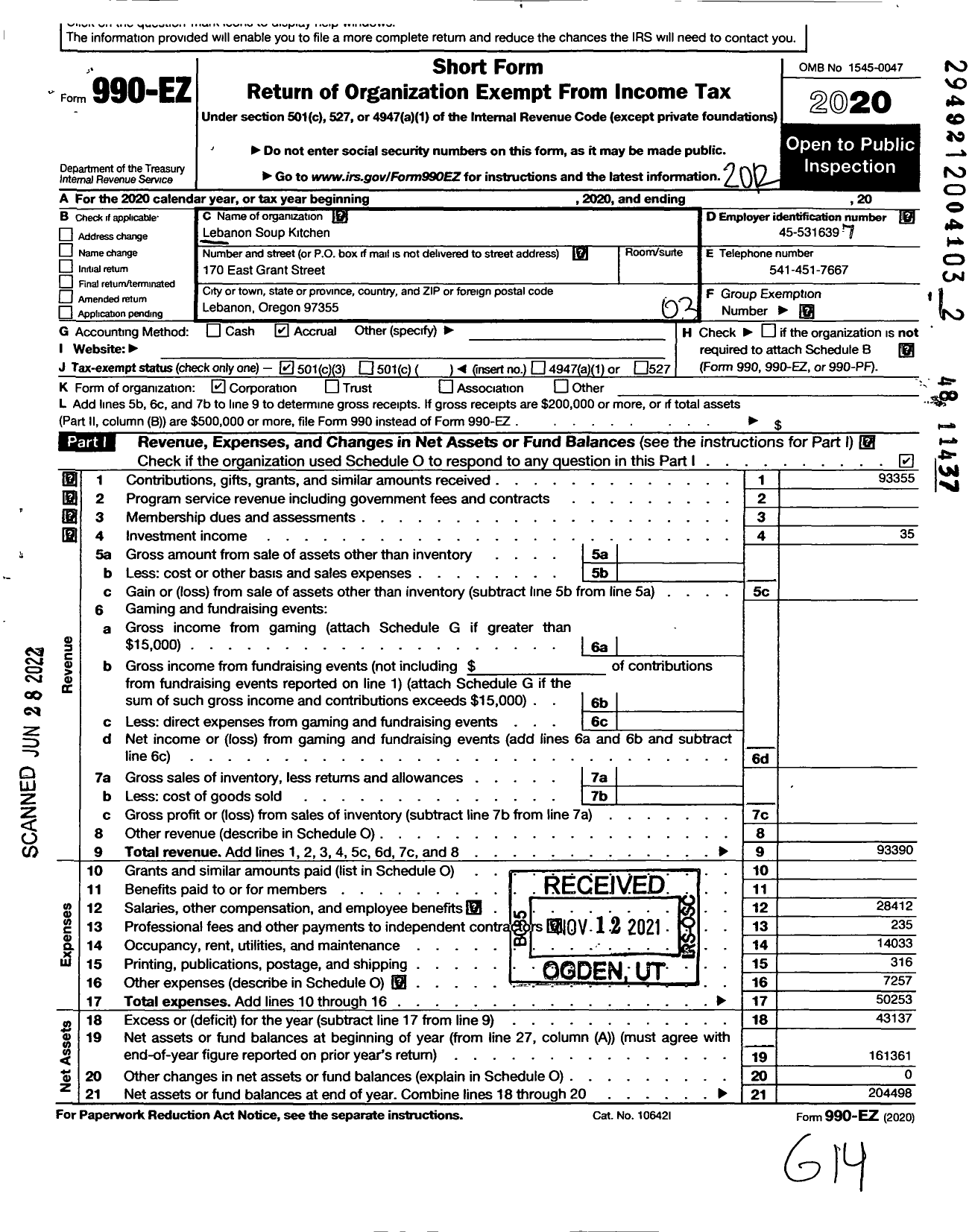 Image of first page of 2020 Form 990EZ for Lebanon Soup Kitchen