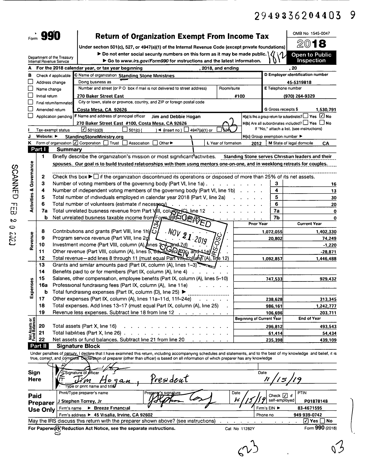 Image of first page of 2018 Form 990 for Standing Stone Ministry