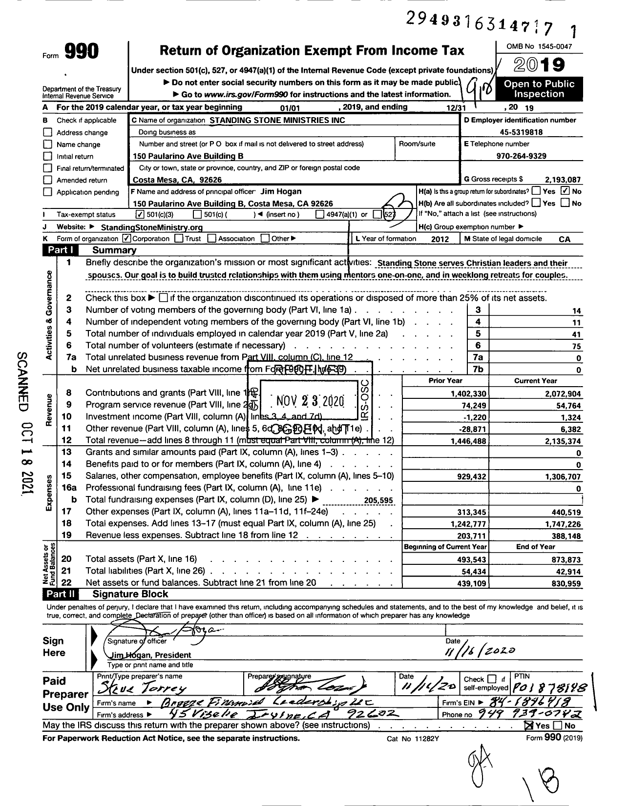 Image of first page of 2019 Form 990 for Standing Stone Ministry