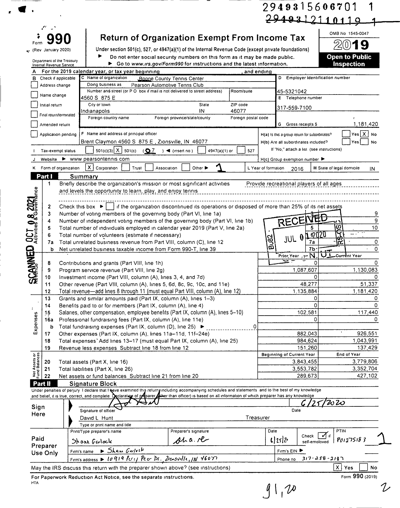 Image of first page of 2019 Form 990O for Pearson Automotive Tennis Club