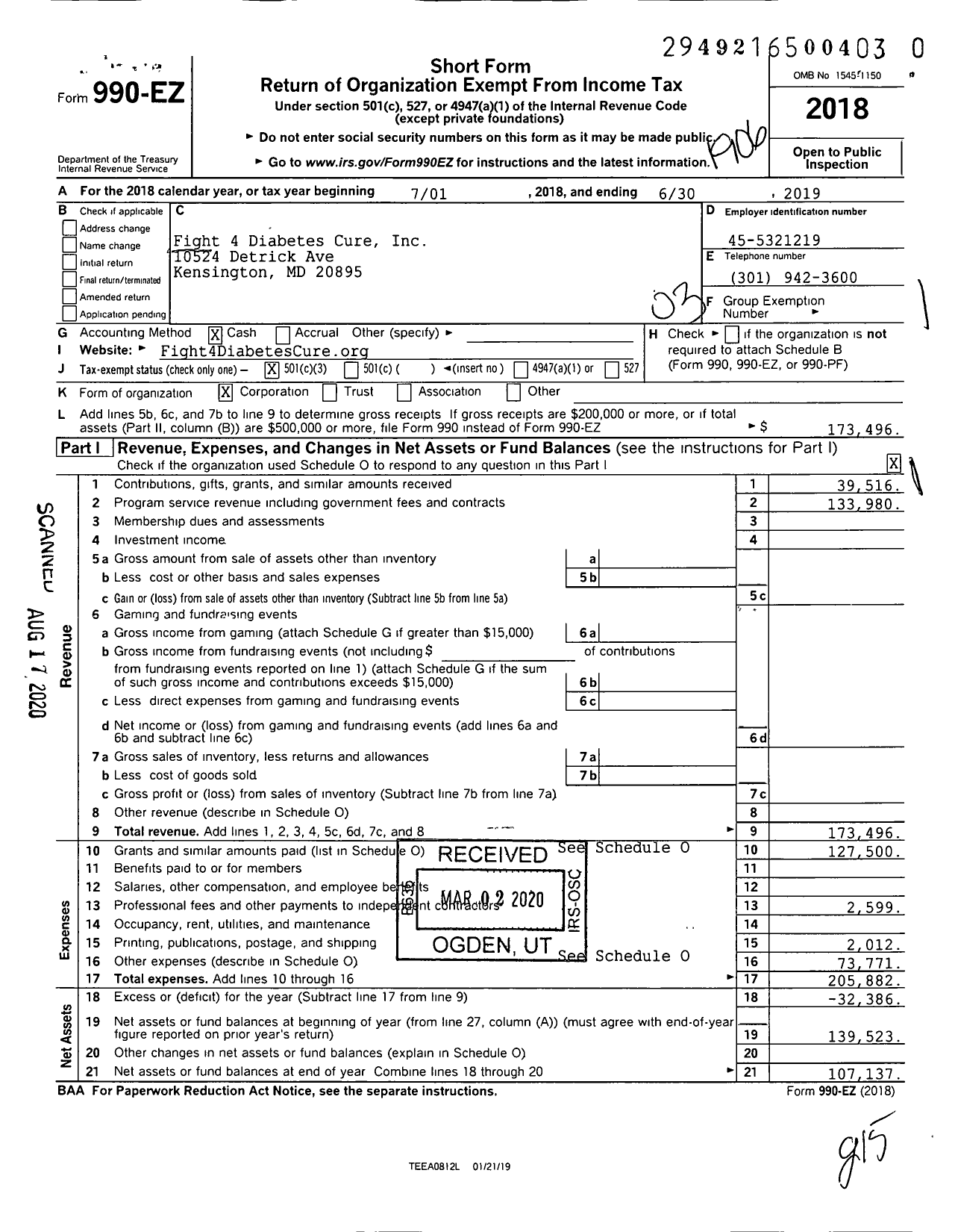 Image of first page of 2018 Form 990EZ for Fight 4 Diabetes Cure