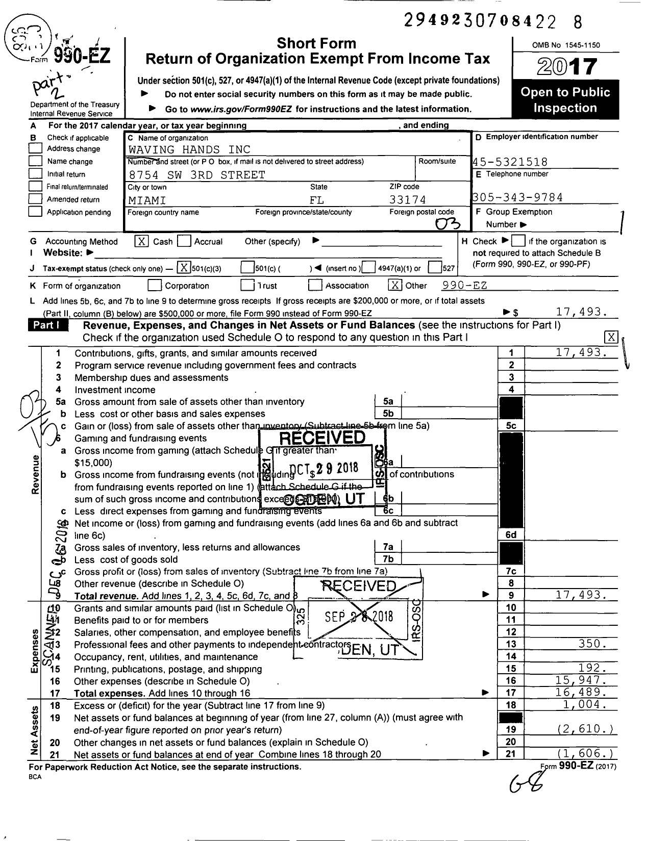 Image of first page of 2017 Form 990EZ for Waving Hands