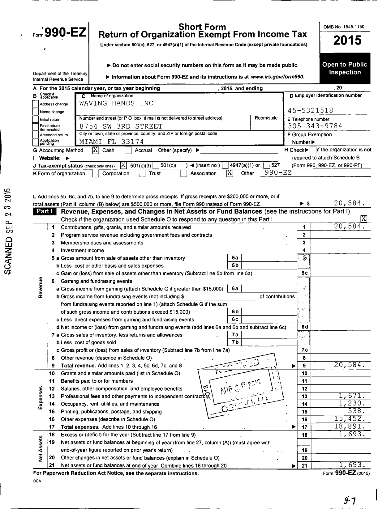 Image of first page of 2015 Form 990EZ for Waving Hands