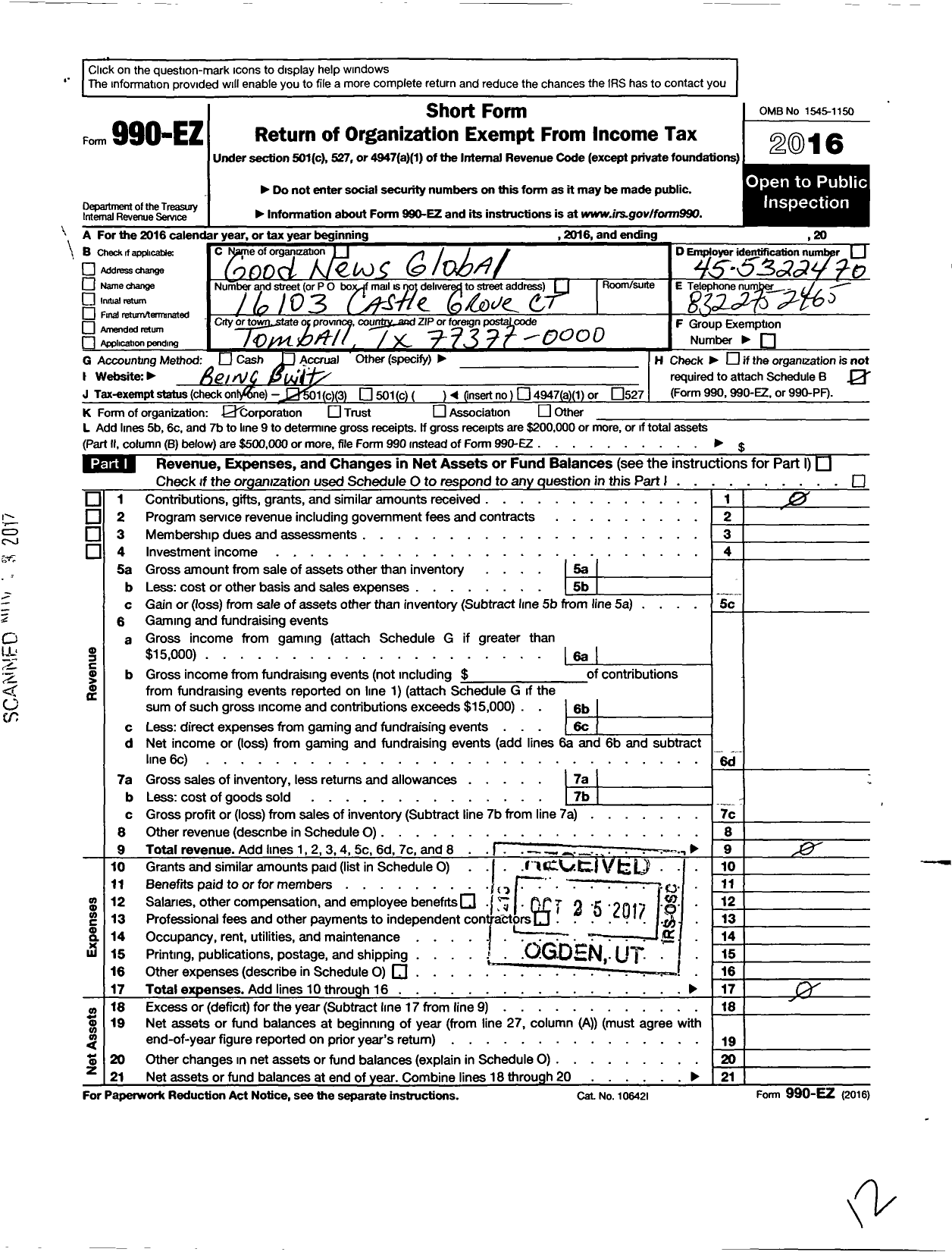 Image of first page of 2016 Form 990EZ for Good News Global