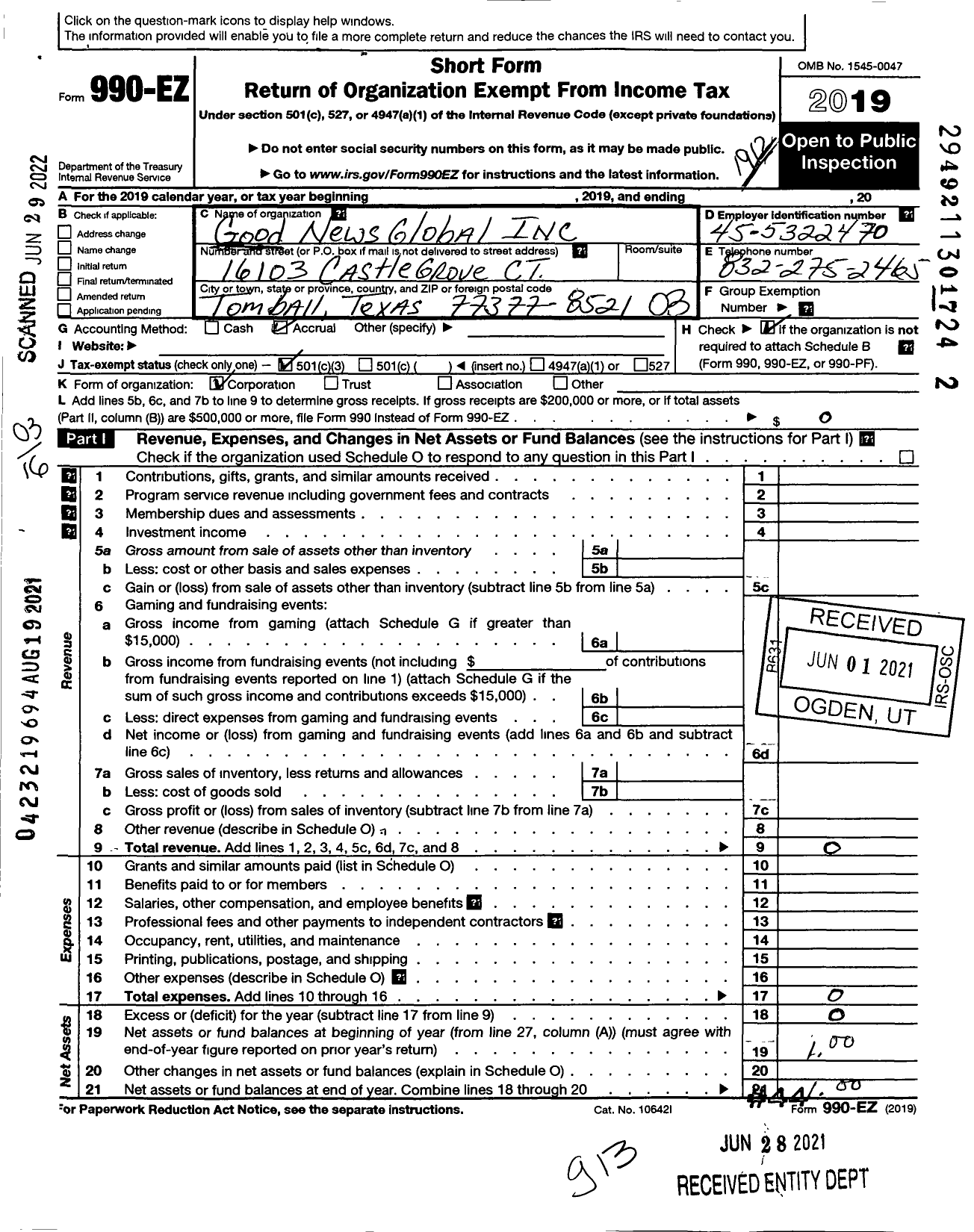 Image of first page of 2019 Form 990EZ for Good News Global