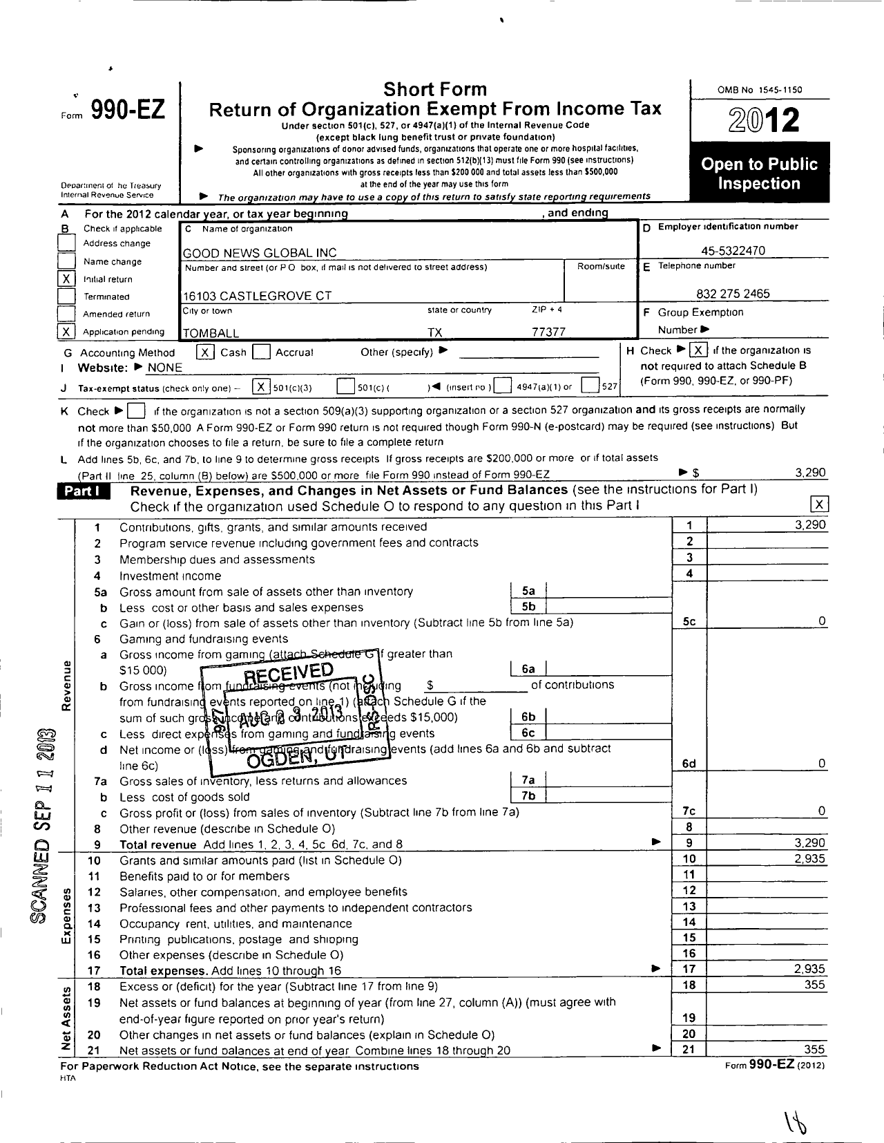 Image of first page of 2012 Form 990EZ for Good News Global