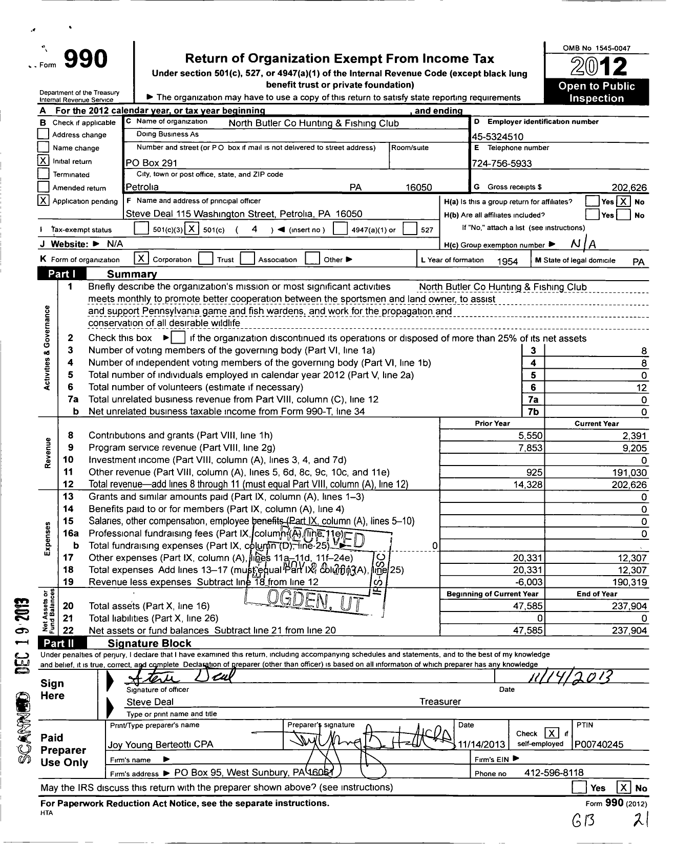 Image of first page of 2012 Form 990O for North Butler County Hunting and Fishing Club