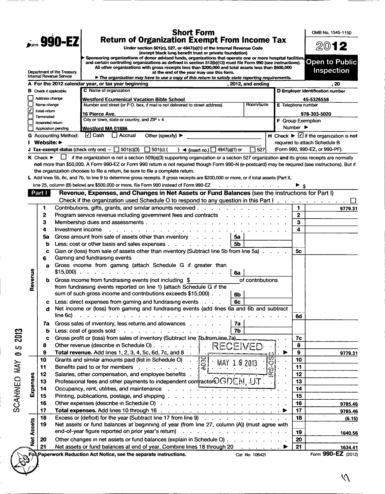 Image of first page of 2012 Form 990EO for Westford Ecumenical Vacation Bible School (WEVBS)