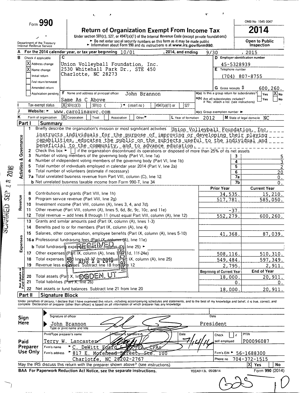 Image of first page of 2014 Form 990 for Union Volleyball Foundation