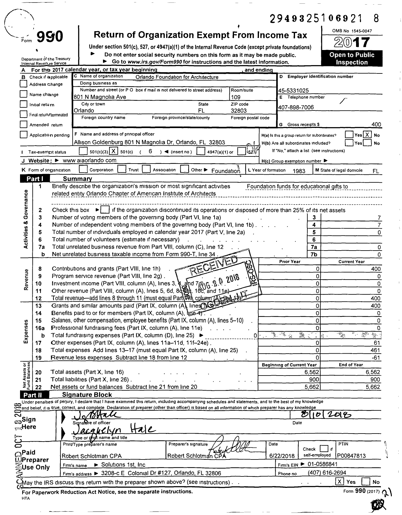 Image of first page of 2017 Form 990O for Orlando Foundation for Architecture (OFA)