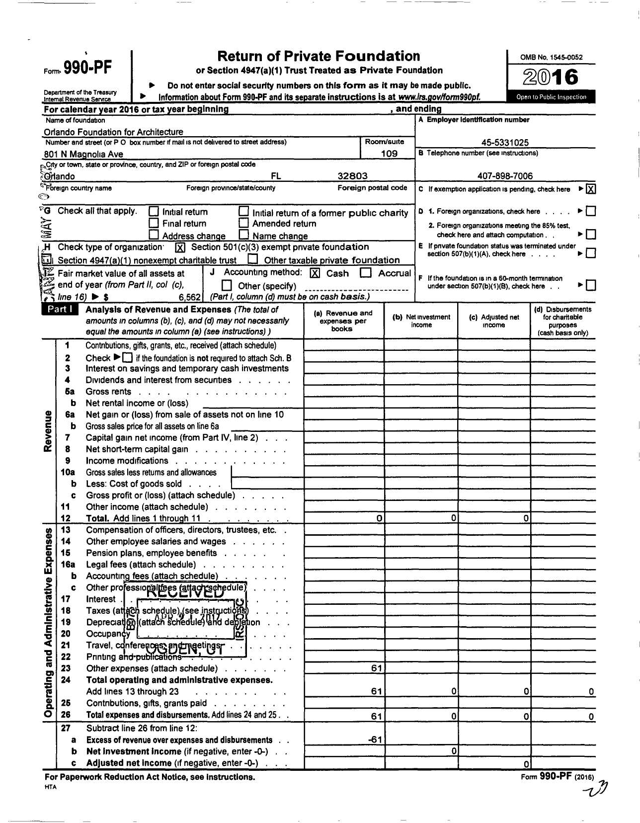 Image of first page of 2016 Form 990PF for Orlando Foundation for Architecture (OFA)