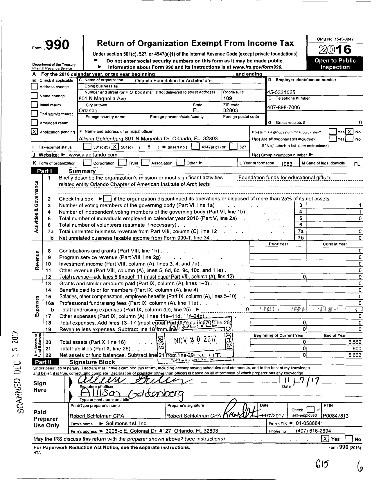 Image of first page of 2016 Form 990O for Orlando Foundation for Architecture (OFA)