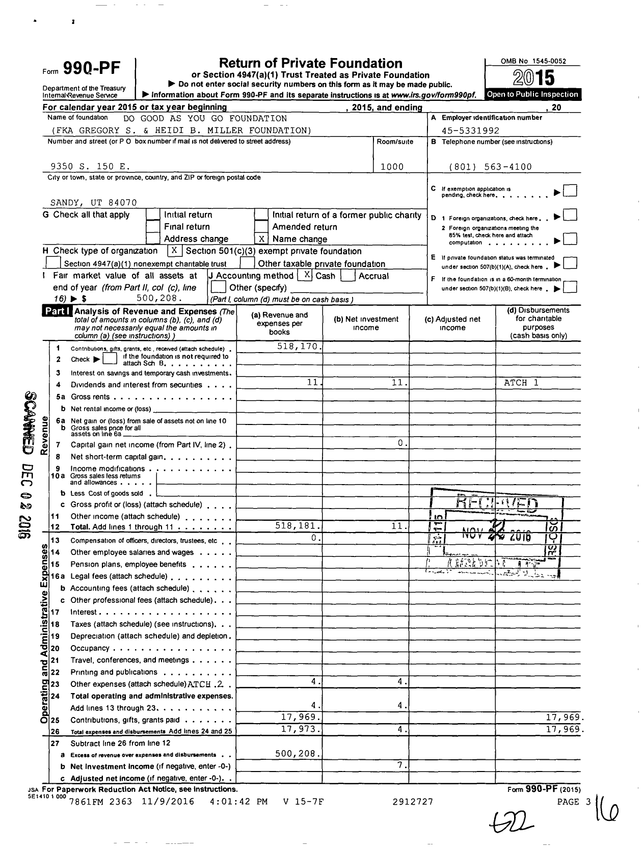 Image of first page of 2015 Form 990PF for Do Good As You Go Foundation
