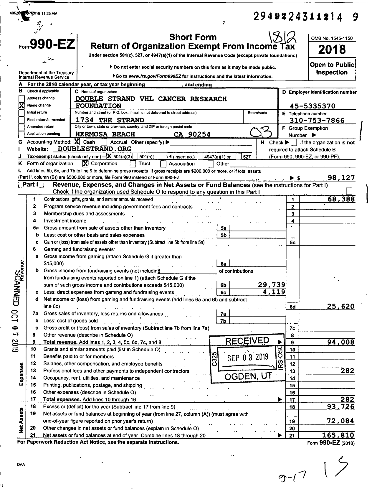 Image of first page of 2018 Form 990EZ for Double Strand VHL Cancer Research Foundation