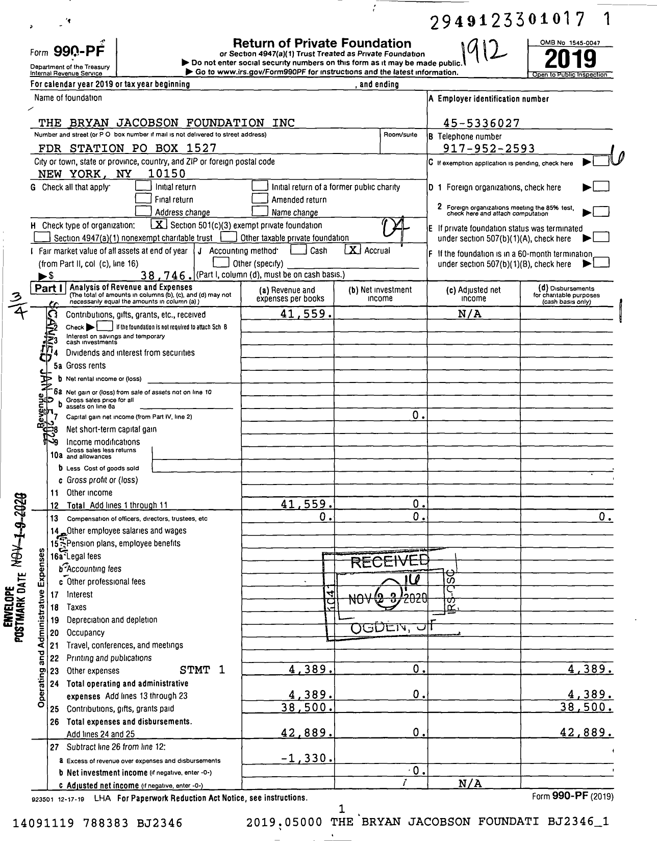 Image of first page of 2019 Form 990PF for The Bryan Jacobson Foundation