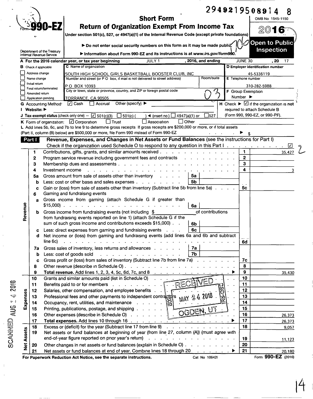 Image of first page of 2016 Form 990EZ for South High School Girls Basketball Booster Club