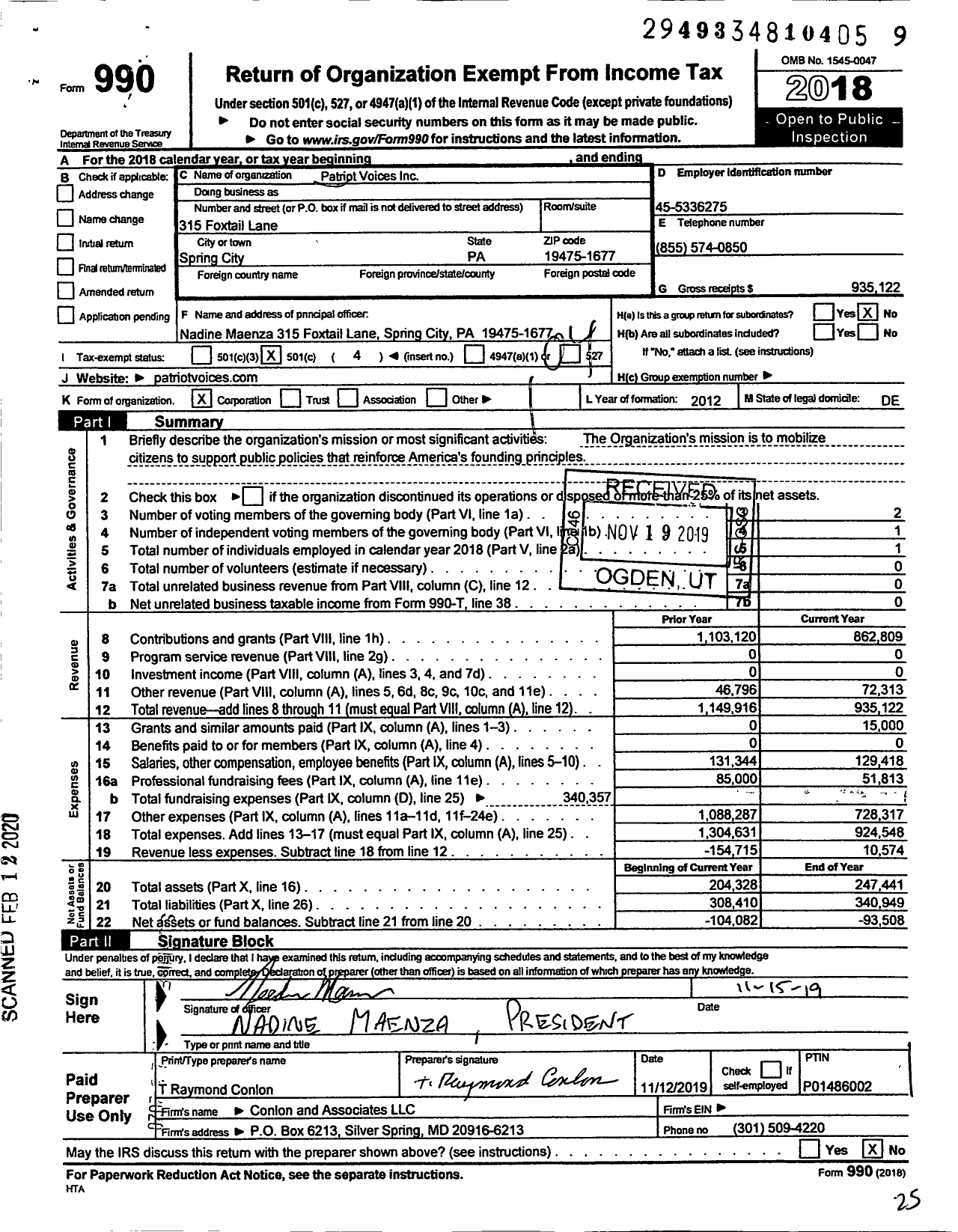 Image of first page of 2018 Form 990O for Patriot Voices