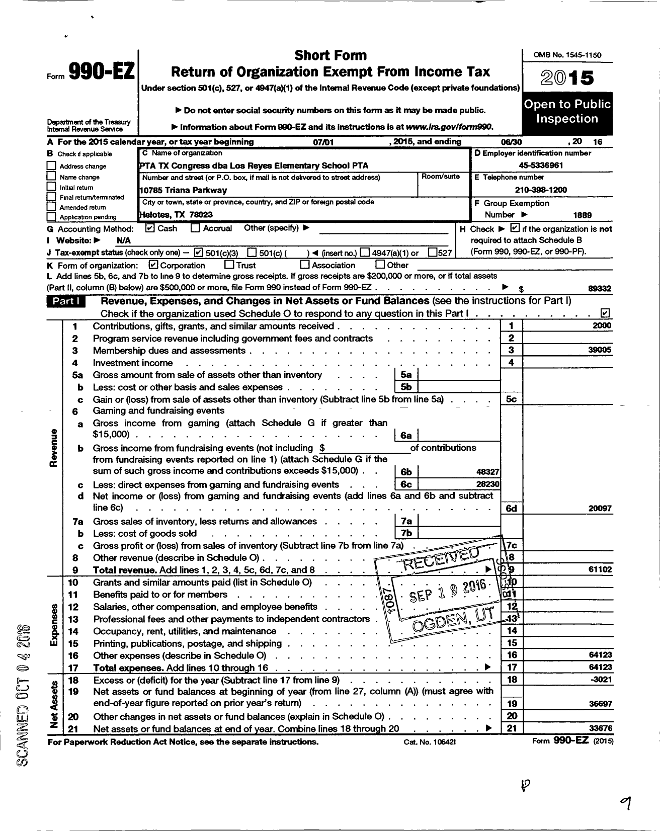 Image of first page of 2015 Form 990EZ for TEXAS PTA - Los Reyes Elementary School