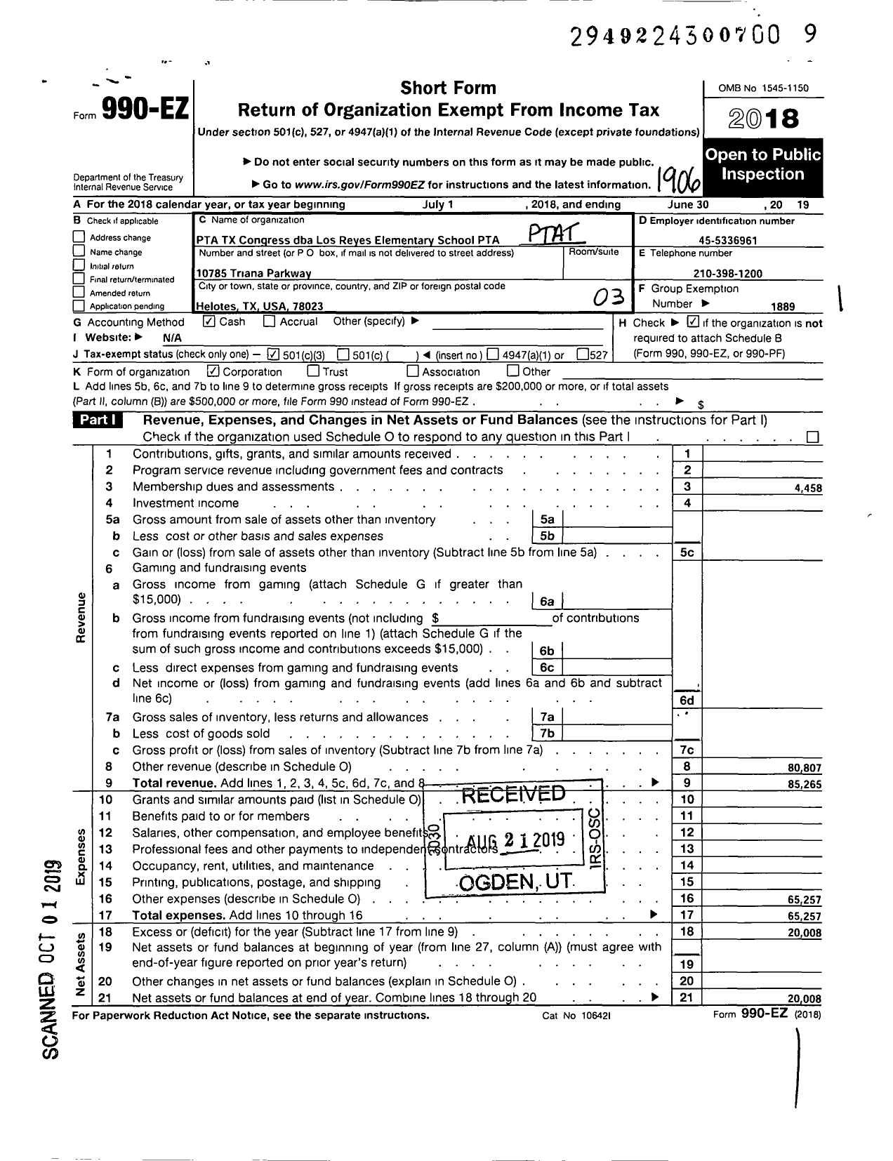 Image of first page of 2018 Form 990EZ for TEXAS PTA - Los Reyes Elementary School
