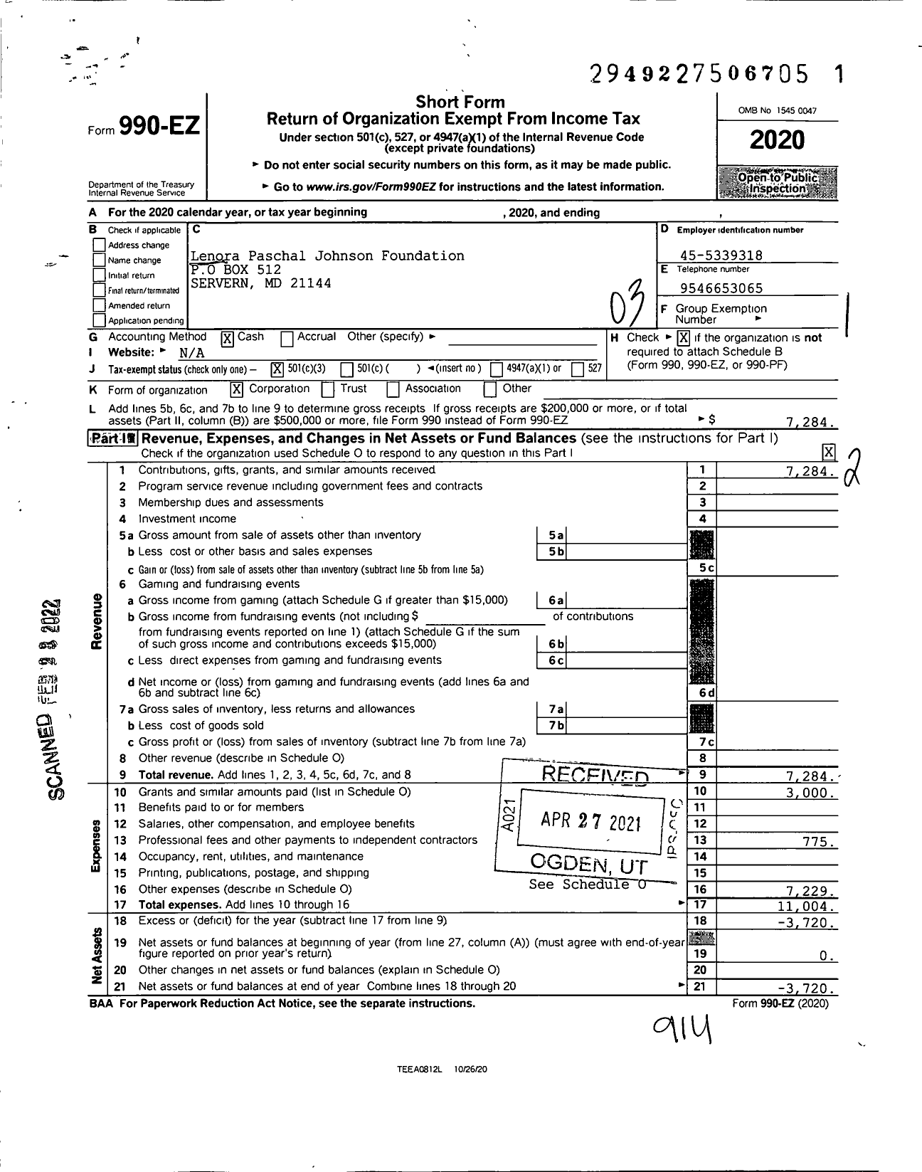 Image of first page of 2020 Form 990EZ for Lenora Paschal Johnson Foundation