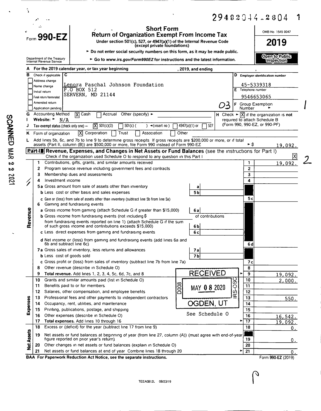 Image of first page of 2019 Form 990EZ for Lenora Paschal Johnson Foundation