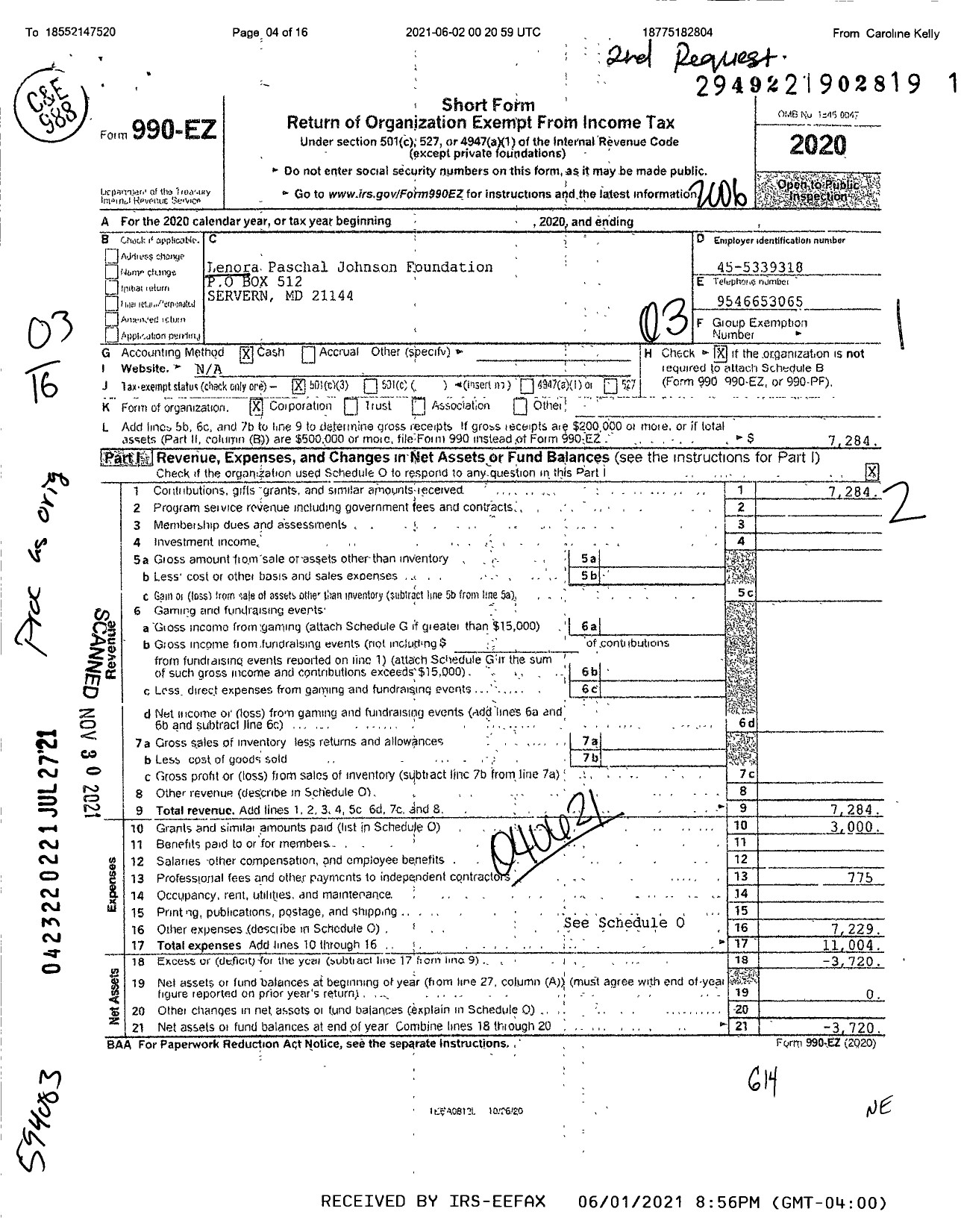 Image of first page of 2019 Form 990EZ for Lenora Paschal Johnson Foundation