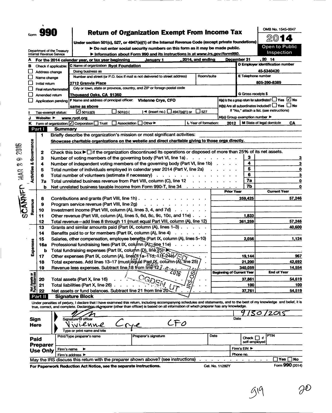 Image of first page of 2014 Form 990 for Ryot Foundation