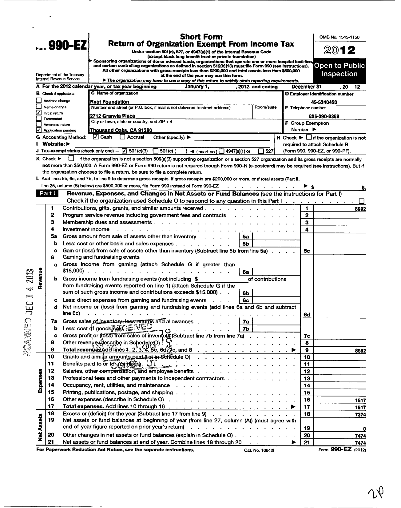 Image of first page of 2012 Form 990EZ for Ryot Foundation