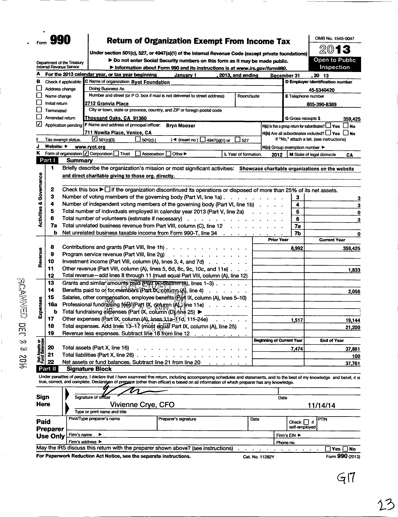 Image of first page of 2013 Form 990 for Ryot Foundation