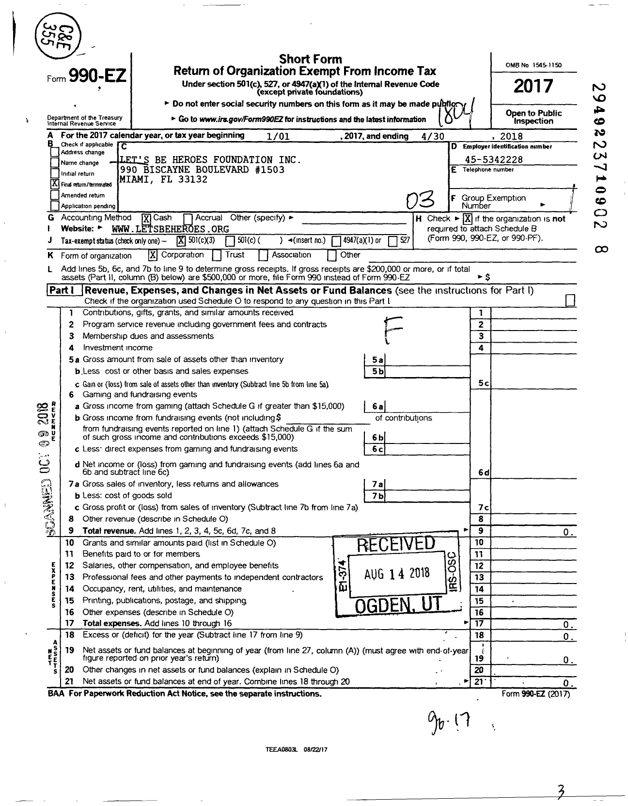 Image of first page of 2017 Form 990EZ for Lets Be Heroes Foundation