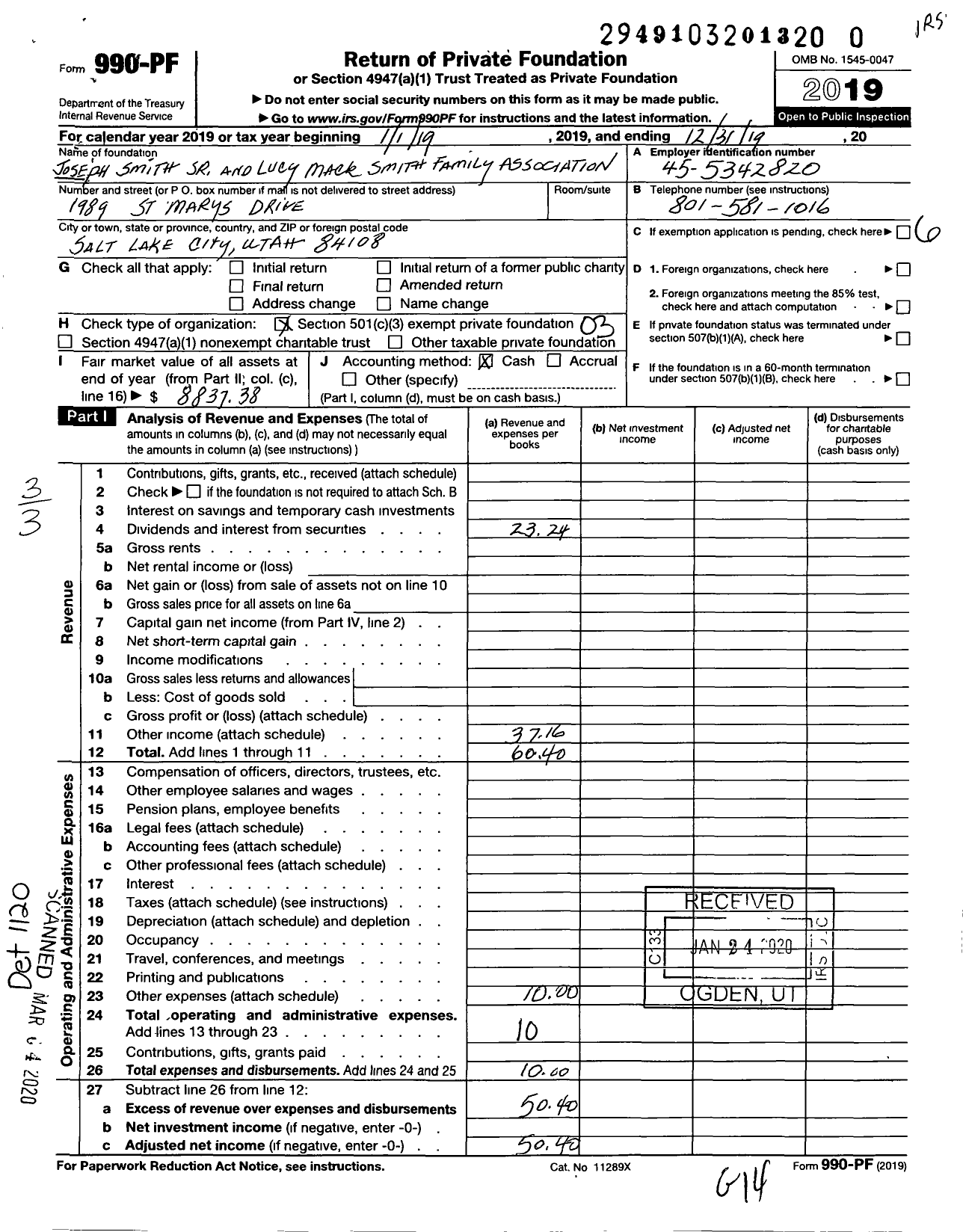 Image of first page of 2019 Form 990PR for Joseph Smith SR and Lucy Mack Smith Family Association