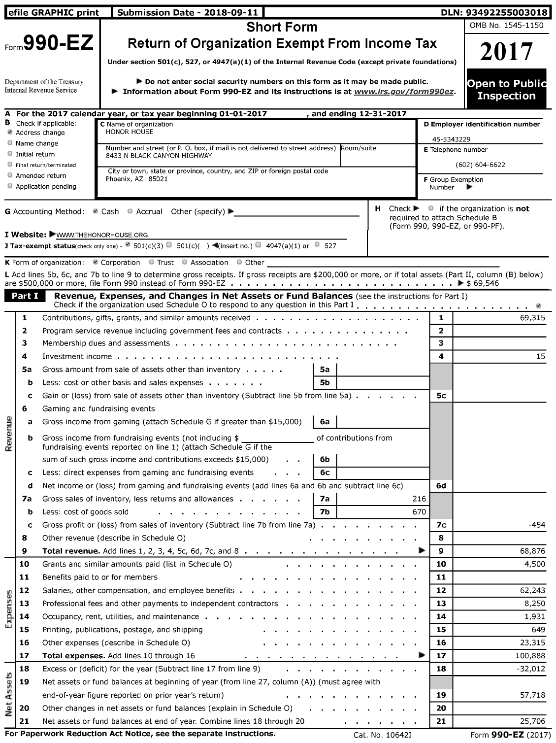 Image of first page of 2017 Form 990EZ for Honor House