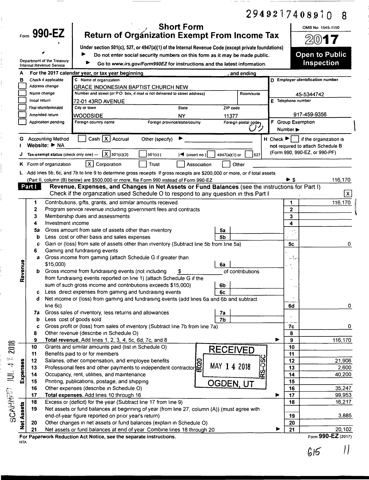 Image of first page of 2017 Form 990EZ for Grace Indonesian Baptist Church New