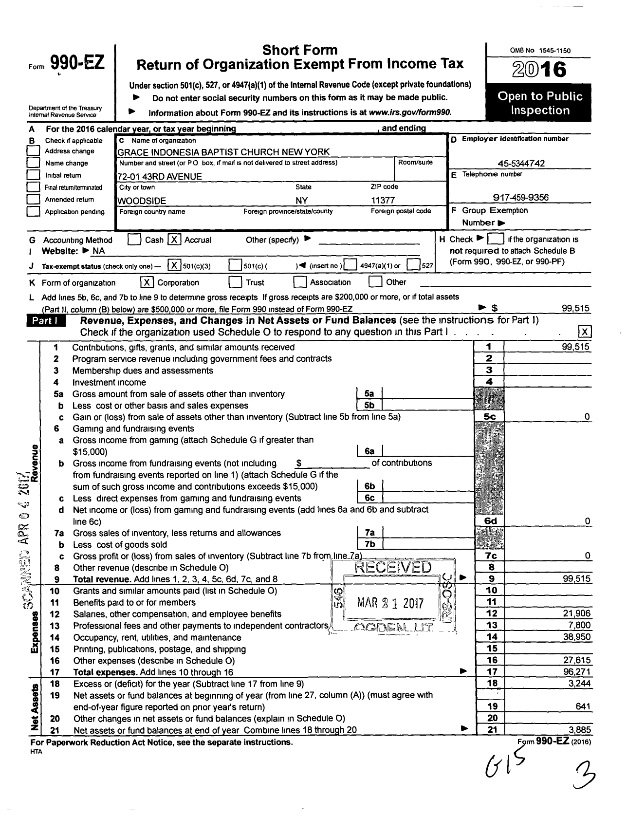 Image of first page of 2016 Form 990EZ for Grace Indonesian Baptist Church New