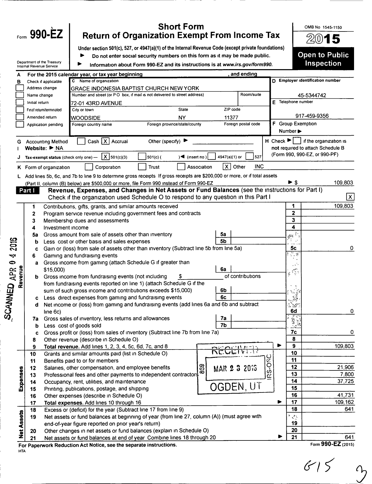 Image of first page of 2015 Form 990EZ for Grace Indonesian Baptist Church New