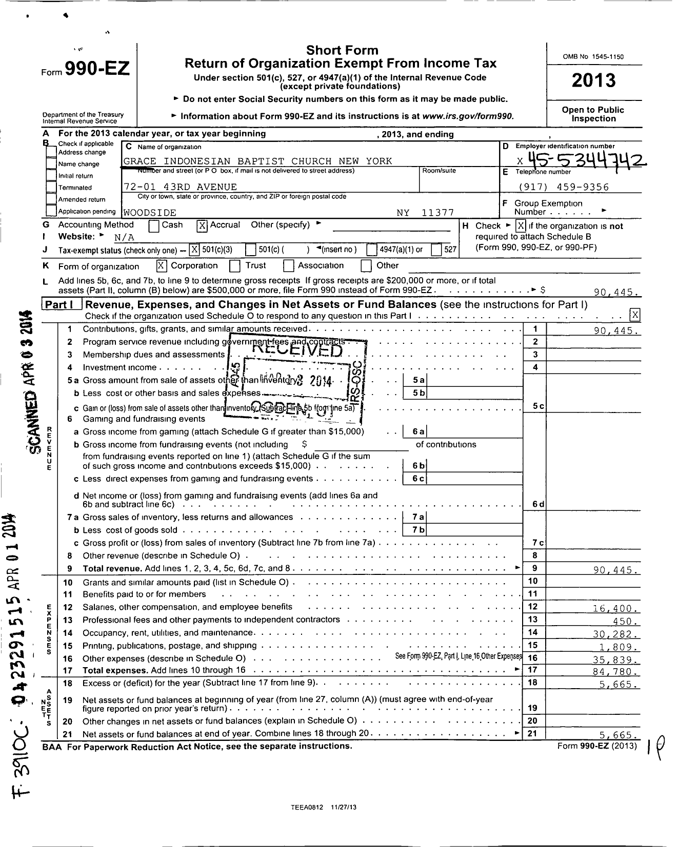 Image of first page of 2013 Form 990EZ for Grace Indonesian Baptist Church New