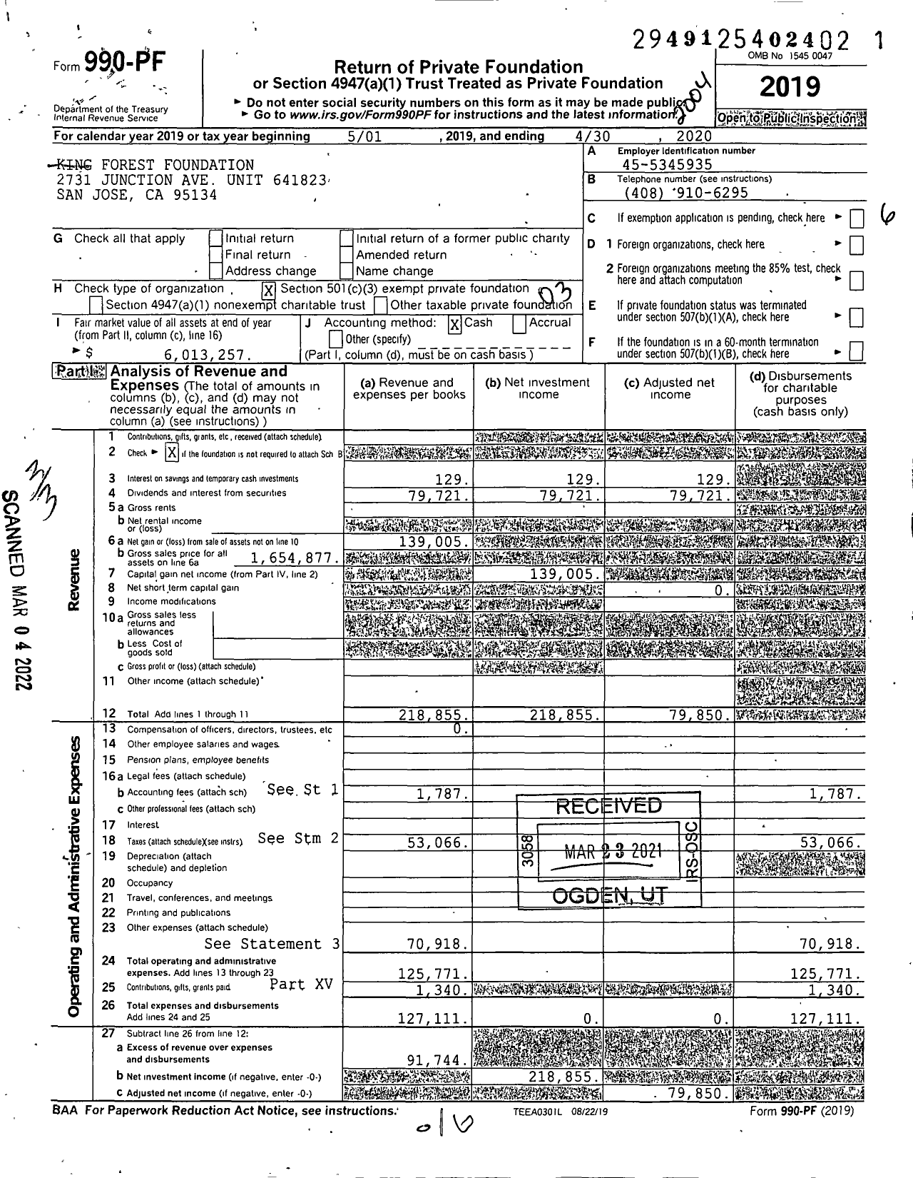 Image of first page of 2019 Form 990PF for King Forest Foundation