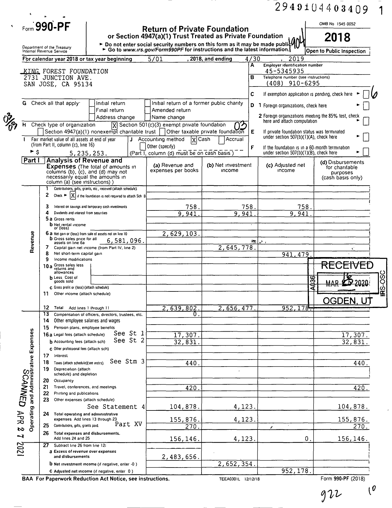 Image of first page of 2018 Form 990PF for King Forest Foundation