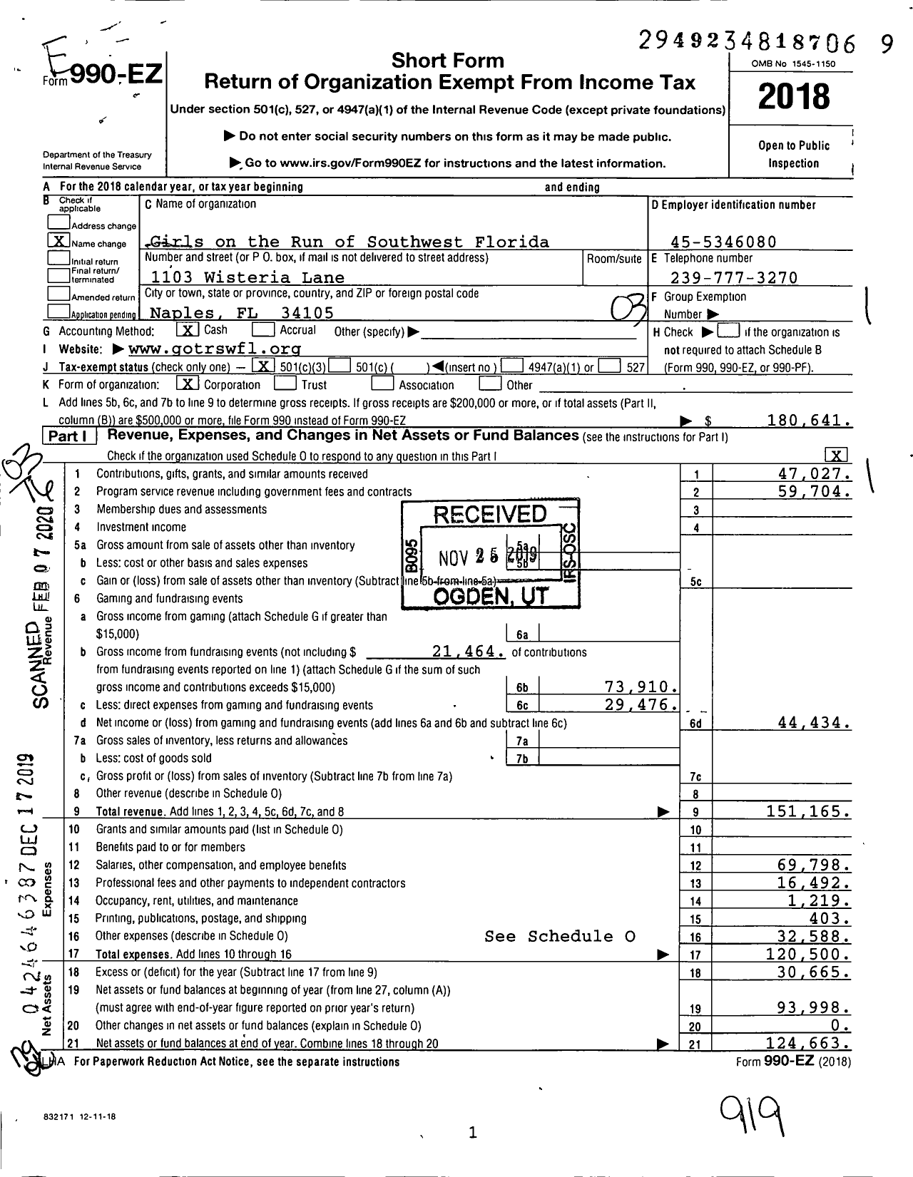 Image of first page of 2018 Form 990EZ for Girls on the Run of Southwest Florida