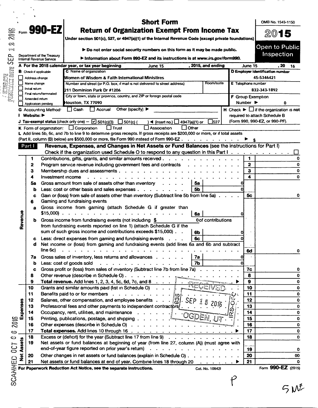 Image of first page of 2015 Form 990EZ for Women of Wisdom and Faith International Ministries