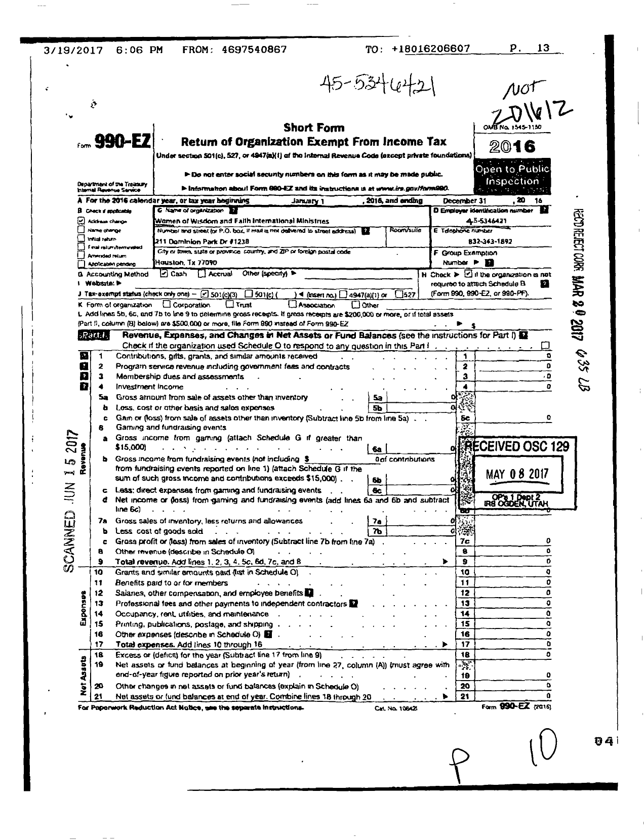 Image of first page of 2016 Form 990EZ for Women of Wisdom and Faith International Ministries